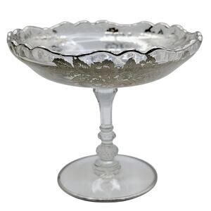 Vintage Clear Glass Compote W/ Silver Overlay Floral Design